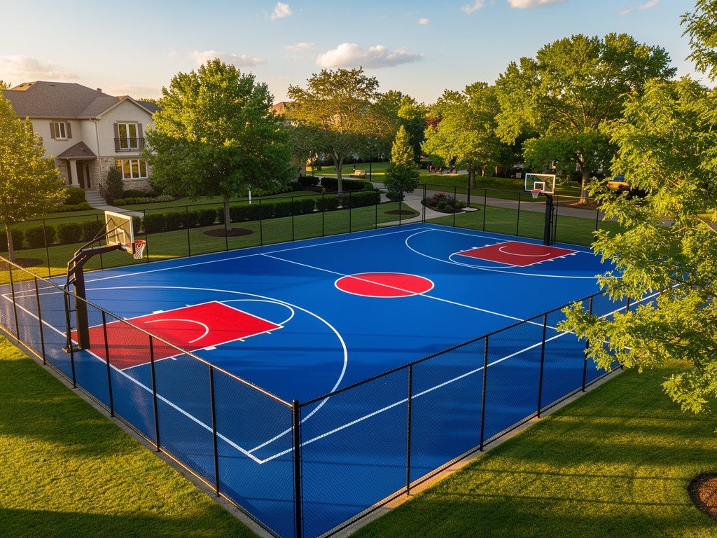 Outdoor basketball court with fresh blue and red sport surface coating