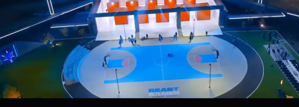 PurEpoxy branded basketball court built for MrBeast's Beast Games production