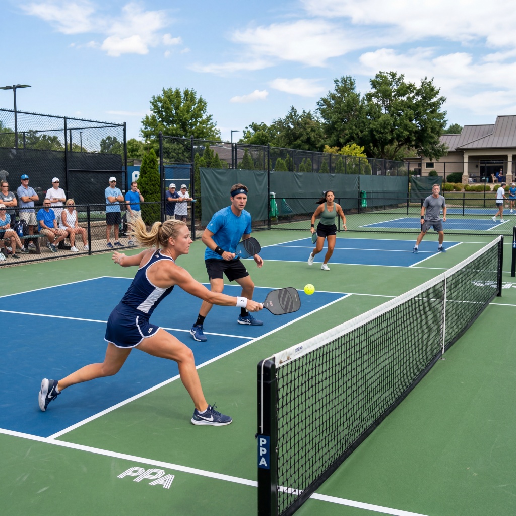 Professional pickleball doubles match on blue and green SportMaster acrylic court with spectators