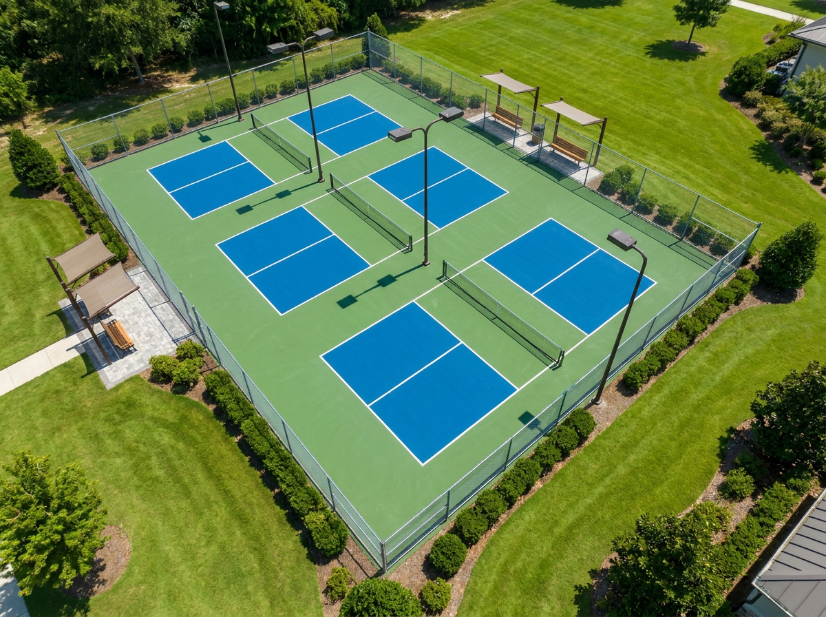Four-court outdoor pickleball facility with blue and green SportMaster acrylic coating, nets, LED lighting, and chain link fencing