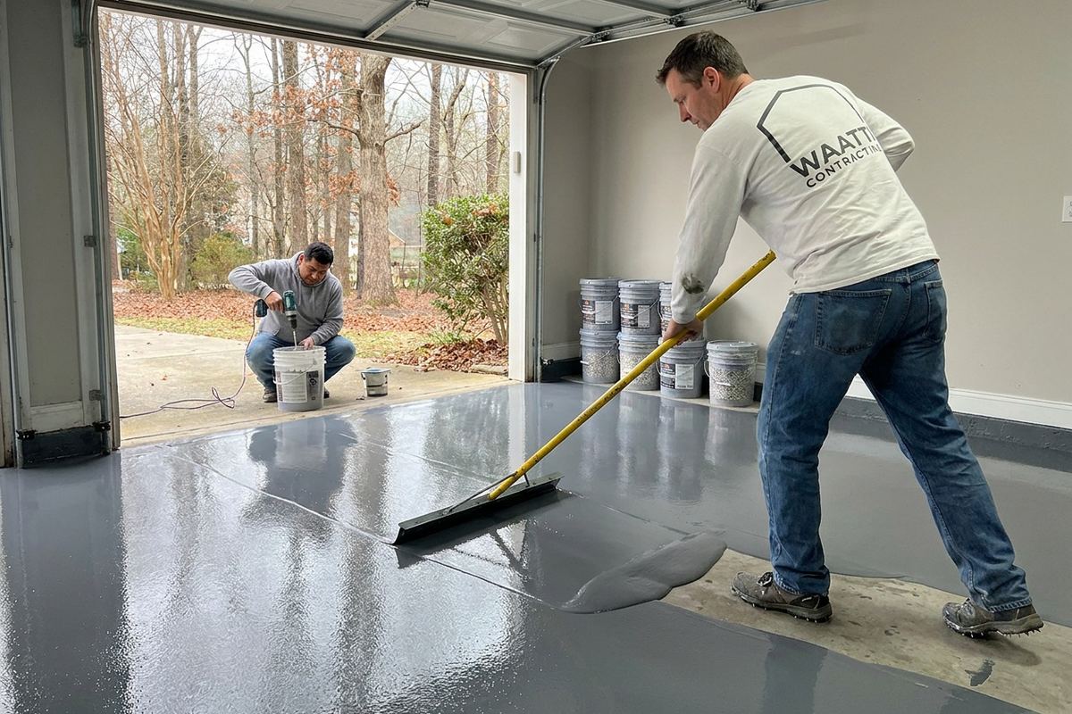 Service illustration: installers spreading and back-rolling epoxy over ground concrete