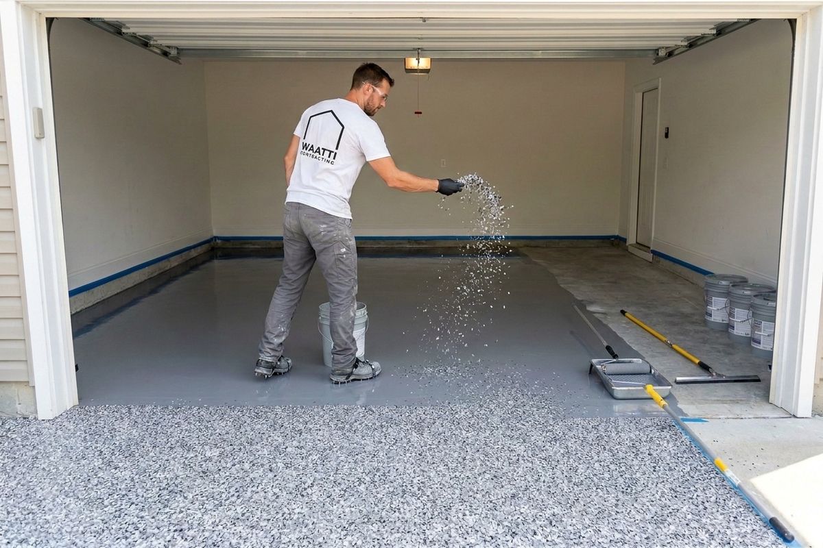Service illustration: installer in spiked shoes broadcasting vinyl flake into a freshly rolled, still-wet gray epoxy base coat on a ground garage floor; sealed polyaspartic topcoat buckets wait for the next day