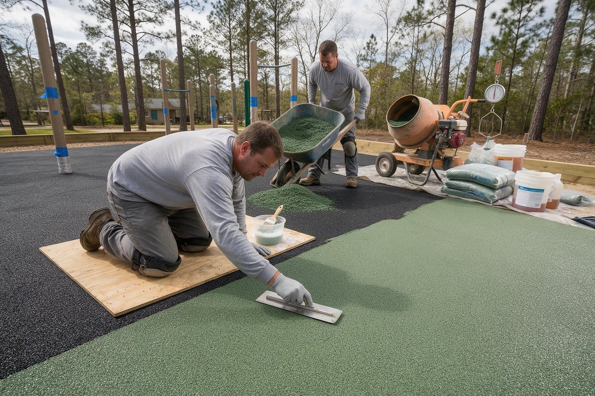 Service illustration: installer on a rolling stool troweling colored poured-in-place rubber wear layer while a second tips a mixed batch from the drum