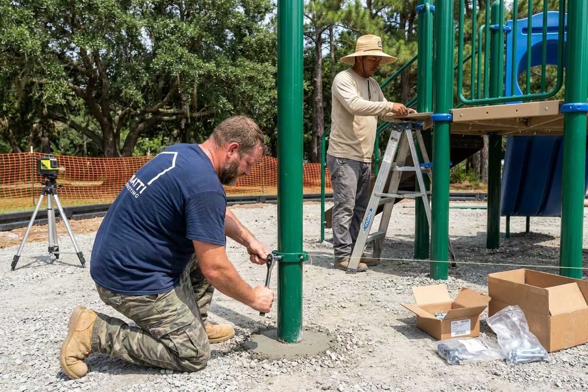 Service illustration: installers leveling a playground post set in a concrete footing